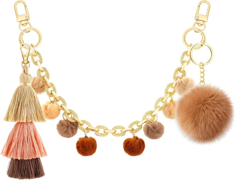 TUCEWP Boho Purse Chain Strap 13.7 Inch Chunky Metal Bag Handle Shoulder Strap Replacement with Pom Pom Pendant Fringe Keychain Charms Vintage Handbag Decoration Chain Bag Accessories Charms for Women - Image 1